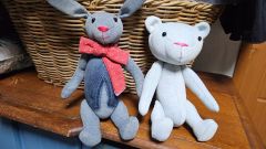 作家不名作　相違双子頭ぬいぐるみ　不思議動物　クマさん耳長うさぎ 作家不名作 相違双子頭ぬいぐるみ 不思議動物 クマさん耳長うさぎ