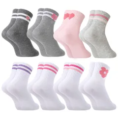 [girldate] 8足組 靴下 キッズ 可愛い 子供 男の子 女の子 ソックス ２本ライン クルー丈 ボーダー スポーツソックス 綿 柔らかい 吸汗 防臭 通気性 通学 運動会 春 夏 秋 21.5-22.5cm