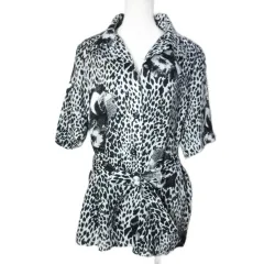 MIMO MODA ミモモーダ 美品 シャツ リネン 半袖 オープンカラー ベルト付き レオパード柄 花柄 42 L相当 黒 白 X