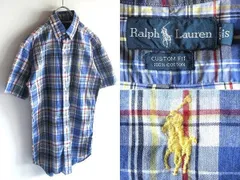希少 00sビンテージ Ralph Lauren ラルフローレン CUSTOM FIT ポロポニーロゴ刺繍 半袖 チェックシャツ BDシャツ S ブルー 青