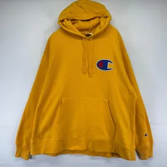 古着 チャンピオン Champion パーカー フーディー プルオーバー ワッペン リバースウィーブ 大きいサイズ 2XL  イエロー系 メンズ
