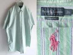 希少 00sビンテージ Ralph Lauren ラルフローレン CUSTOM FIT ポロポニーロゴ刺繍 ストライプ オックス 半袖 BDシャツ L 黄緑