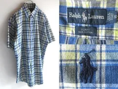 希少 USA製 90sビンテージ Ralph Lauren ラルフローレン BLAKE ポロポニーロゴ刺繍 コットン 半袖 チェックシャツ BDシャツ S 青黄 RN41381