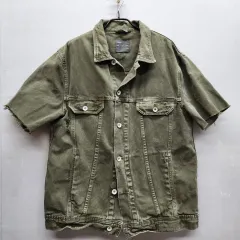ザラ ツーポケット オリーブカーキ ダメージ 半袖 デニムジャケット L(L)