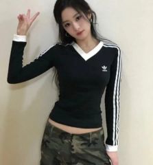 adidas Vネック ロングスリーブ シャツ ロングtシャツ 黒 アヒョン