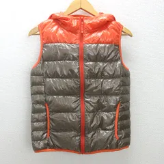 g■ユニクロ/UNIQLO プレミアムウルトラライトダウンベスト/フーディ バイカラー【L】オレンジ茶/LADIES/N31【中古】■