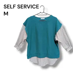 a2525 【SELF SERVICE】レイヤード風 カットソー M グリーン ストライプ 7分袖のサムネイル