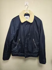 ZARA ザラ ネイビー ショート ブルゾン ジャケット アウター ネック ファー