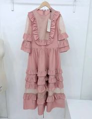 miu miu フリルワンピース サーモンピンク 40 長袖 膝丈 襟 シャツ 