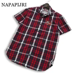 NAPAPIJRI ナパピリ 春夏 コットン100％★ 半袖 インド綿 チェック柄 ワッペン ロゴ刺繍 ボタンダウン シャツ Sz.M メンズのサムネイル