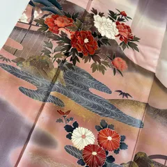 付け下げ 正絹 一つ紋 金箔 流水に花草文 袷 着物 MK-7227