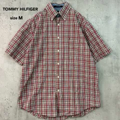 TOMMY HILFIGER トミーヒルフィガー Mサイズ 半袖 シャツ ボタンダウン BD ロゴ 刺繍 コットン 綿100% トップス 襟付き 定番 カジュアル 普段使い レッド系 チェック柄 レッド系 チェック柄 ★ ■◆
