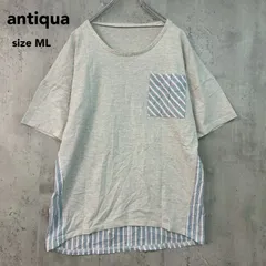 antiqua アンティカ MLサイズ 半袖 Tシャツ カットソー クルーネック 切替 異素材 ドッキング プルオーバー シャツ生地 背面 ストライプ ゆるダボ ライトグレー ブルー ストライプ柄 オーバーサイズ ビッグシルエット ★ ■◆のサムネイル