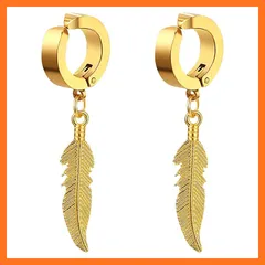 【新品】 羽 レディース ピアス メンズ フープピアス: レトロ ボディピアス フェザー 挟み 耳飾り ゴシック イヤーカフ 彫刻 穴なし フェイク イヤリング ステンレス バイキング ジュエリー-プレゼント 彼氏 彼女 バレンタインデー ゴールド