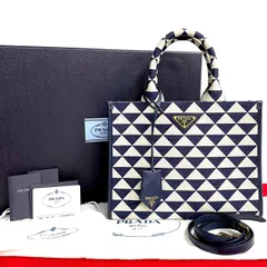 未使用保管品 箱 袋付 PRADA プラダ シンボル エンブロイダリー ファブリック スモール 2way ショルダーバッグ ハンドバッグ 紺 28638