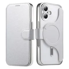 【新品】 【磁石2in1分離式】 スマホケース 対応 iPhone16 ケース 手帳型 背面 クリア 透明 カード収納 マグネット開閉式 メッキ加工 レンズカバー付き RFID盗難防止 高級なPUレザー+TPU アイフォン16 用 クリアカバー (シルバー, 
