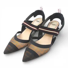 美品 FENDI フェンディ コリブリ ズッカ メッシュ バレエフラットパンプス FENDI Brown/Black FF Colibri Leather Zucca Mesh Ballerina Flats