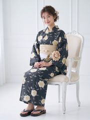 新品未使用 京都きもの町 浴衣 クレマチス ネイビー レディース 花柄 F