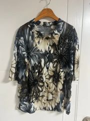 ファンシーウェイ シャツ ブラウス L 長袖 青 花柄 総柄 レトロ 
