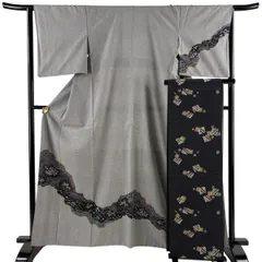 付下げ 身丈162cm 裄丈64cm M 袷 袋帯セット 落款 草花 波 金糸 黒灰 正絹 秀品 【中古】