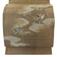 袋帯 逸品 龍 雲文 金糸 箔 薄茶色 お太鼓柄 正絹 【中古】のサムネイル