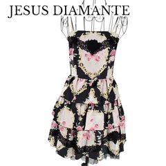 【美品】JESUS DIAMANTE ジーザスディアマンテ ドールミニワンピース ドレス ミニ丈 サイズ38 M ブラック 刺繍レース ローズ柄 総柄 ブラックリボン フレア レディース パーティ ロリータのサムネイル