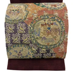 袋帯 名品 紬地 動物 人物 金糸 相良刺繍 赤紫 お太鼓柄 正絹 【中古】