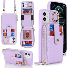 【新品】 for iPhone 12 Pro / iPhone12 ケース 肩がけ 長さ調整 首掛け 斜め掛け ファスナー ストラップ付き カード入れ SunYoo ショルダー リング付き 手帳型 アイフォン スマホケース アイホン Case カバー パー 1
