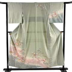 訪問着 身丈154.5cm 裄丈64.5cm M 袷 扇 菊 金彩 ぼかし 薄緑 正絹 秀品 【中古】のサムネイル