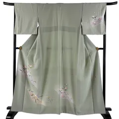 訪問着 身丈162.5cm 裄丈67cm M 袷 落款 草花 芝 ぼかし 薄緑 正絹 秀品 【中古】のサムネイル
