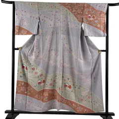 訪問着 身丈155.5cm 裄丈63.5cm S 袷 松井青々 落款 鴛鴦 草花 金彩 灰紫 正絹 逸品 一つ紋 【中古】のサムネイル