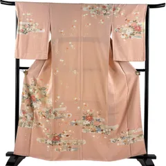 訪問着 身丈161.5cm 裄丈66cm M 袷 牡丹 ヱ霞 金彩 サーモンピンク 正絹 名品 一つ紋 【中古】のサムネイル