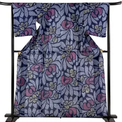 【美品】 浴衣 身丈159cm 裄丈64cm M 絞り浴衣 菊 紺色 綿 名品 【中古】