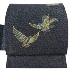 【美品】 名古屋帯 名品 斉藤三才 落款 鳥 草花 金彩 濃紺 正絹 【中古】のサムネイル