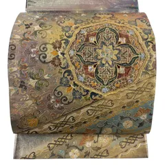 【美品】 袋帯 名品 華文 花唐草 螺鈿 金彩 金色 お太鼓柄 正絹 【中古】