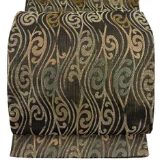 【美品】 袋帯 名品 幾何学 金糸 茶緑色 六通 正絹 【中古】