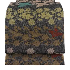 【美品】 袋帯 名品 鳥 花唐草 金糸 箔 黒灰 六通 正絹 【中古】