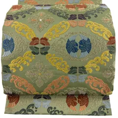 袋帯 名品 花菱 向かい鳥 金糸 唐織 灰緑 六通 正絹 【中古】