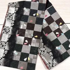 【中古品】　匿名配送　振袖　成人式　結婚式　フォーマル　袋帯　ブラック　シルバー　市松模様　桜　 着物　きもの　 79