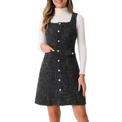 アレグラ ケー レディース トップス ワンピース A ライン オーバーオール ツイード ノースリーブ ALLEGRA K Tweedress for Womensleevelessquare Neck Button Up ALine Pinafore Over