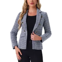 アレグラ ケー レディース アウター ジャケット・ブルゾン ツイード ブレザー ALLEGRA K Womens Notched Lapelong Sleeve Open Front Plaid Tweed Blazer Blue Black ブラック