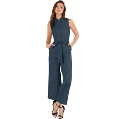 アレグラ ケー レディース トップス ワンピース ノースリーブ アンクル ジャンプスーツ ALLEGRA K Womens Ankle Tie Waist Workwear Button Front Sleeveless Jumpsuit Navy Blue