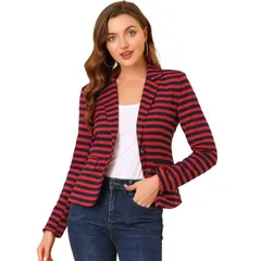 アレグラ ケー レディース アウター ジャケット・ブルゾン ブレザー ALLEGRA K Womens Notched Lapelong Sleeves Button Striped Blazered