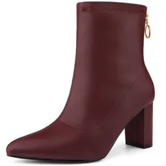 アレグラ ケー レディース シューズ ブーツ・レインブーツ アンクル ヒール ALLEGRA K Womens Pointy Toe Back Zip Block Heel Ankle Boots Burgundy バーガンディ