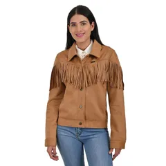 ラングラー レディース アウター ジャケット・ブルゾン スエード フリンジ Womens Wrangler Faux Suede Trucker Jacket With Fringe Tan タンのサムネイル