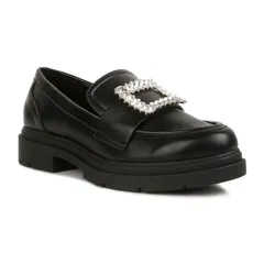 ロンドンラグ レディース シューズ スリッポン・ローファー London Rag Bossi Womens Rhinestone Buckle Loafers Black ブラック
