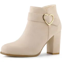 アレグラ ケー レディース シューズ ブーツ・レインブーツ アンクル ヒール ALLEGRA K Womens Buckle Side Zip Chunky Heels Ankle Boots Beige ベージュ
