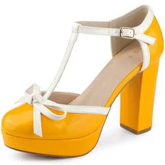アレグラ ケー レディース シューズ パンプス プラットフォーム ヒール ALLEGRA K Womens Platform Bow T Strap Chunky Heels Pumps Yellow イエロー