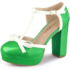 アレグラ ケー レディース シューズ パンプス プラットフォーム ヒール ALLEGRA K Womens Platform Bow T Strap Chunky Heels Pumps Lime Green ライム
