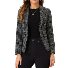 アレグラ ケー レディース アウター ジャケット・ブルゾン ツイード ブレザー ALLEGRA K Womens Notched Lapelong Sleeve Open Front Plaid Tweed Blazer Black ブラック